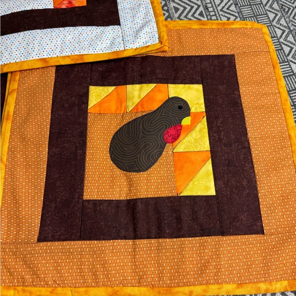 Set of 6 Thanksgiving Turkey Quilted Placemats Cottagecore Country Table Setting